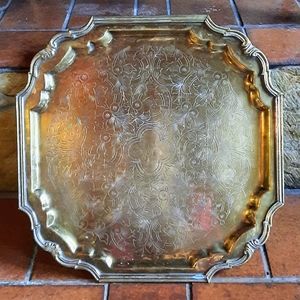 Vintage solid brass tray with hand etching
